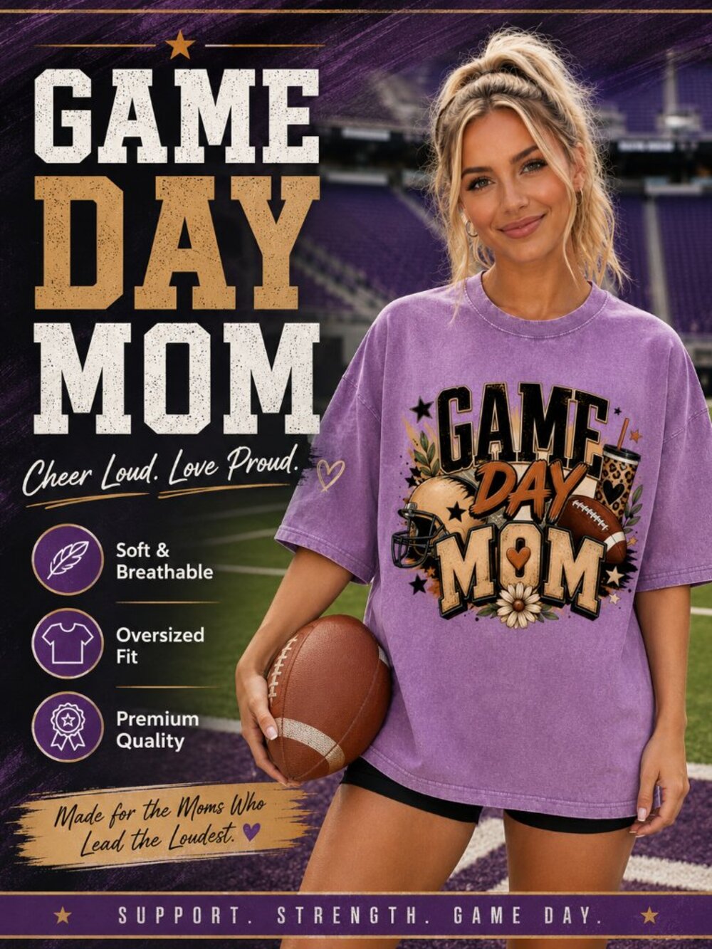 Game Day Mom Tee, Purp Washed Oversized T Shirt, Football Mama Graphic Tee, Spor
